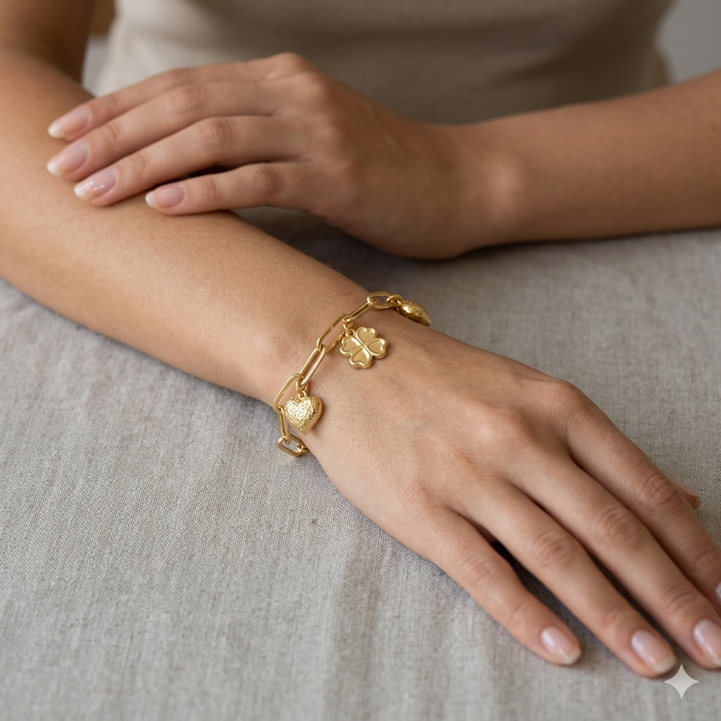 18k Gold Heart Matte with Clover Bracelet