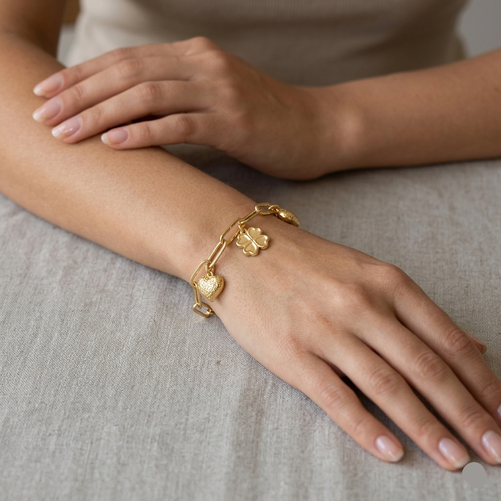 18k Gold Heart Matte with Clover Bracelet - ad collection - Embellish Gold Jewelry & Diamond