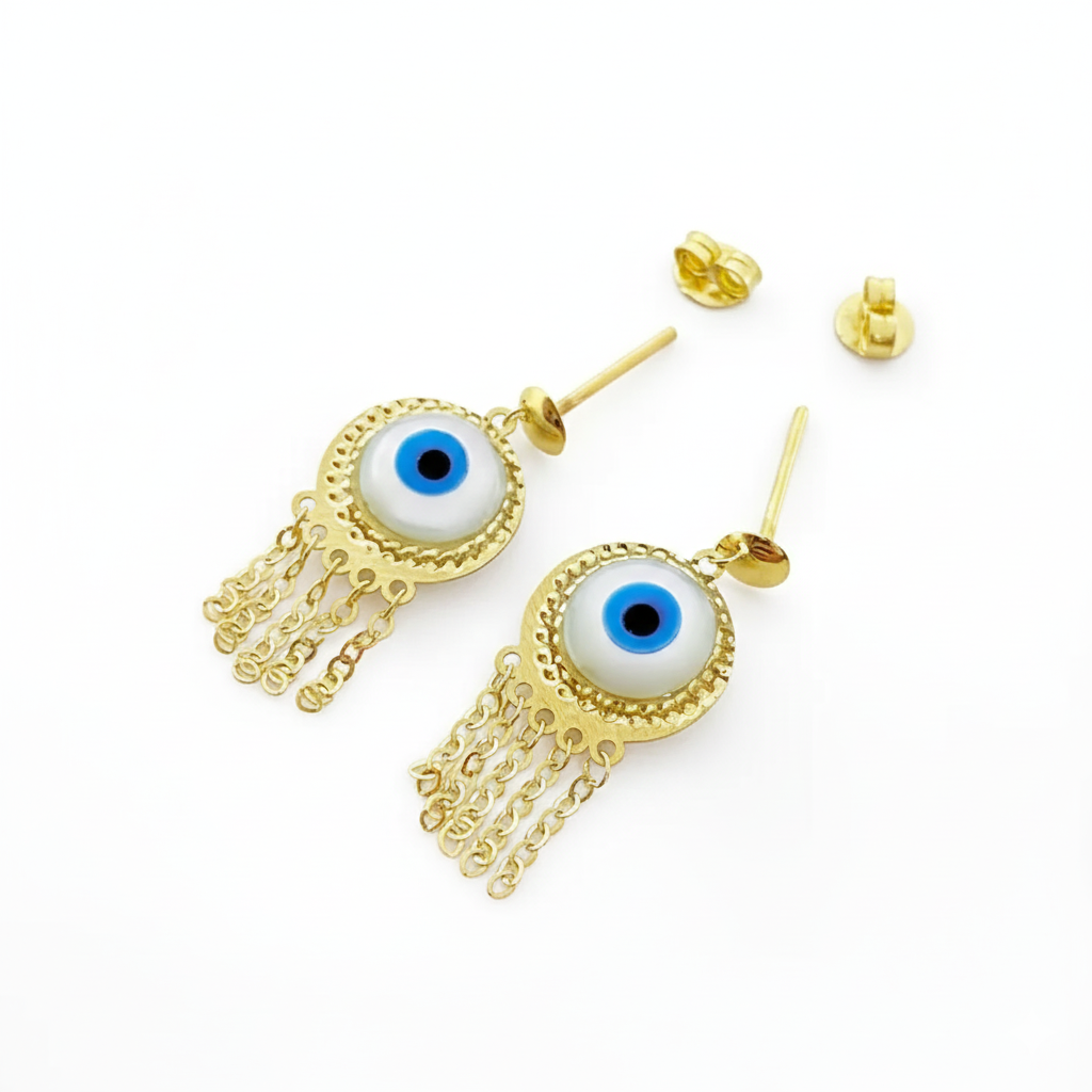 18K Real Gold Round Evil Eye Hanging Earrings