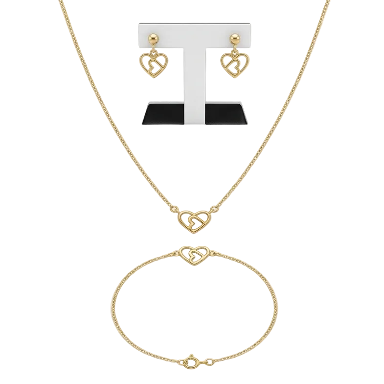Gold jewelry set with necklace, bracelet, and heart-shaped earrings on a white background