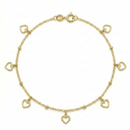 Gold bracelet with heart-shaped charms on a white background