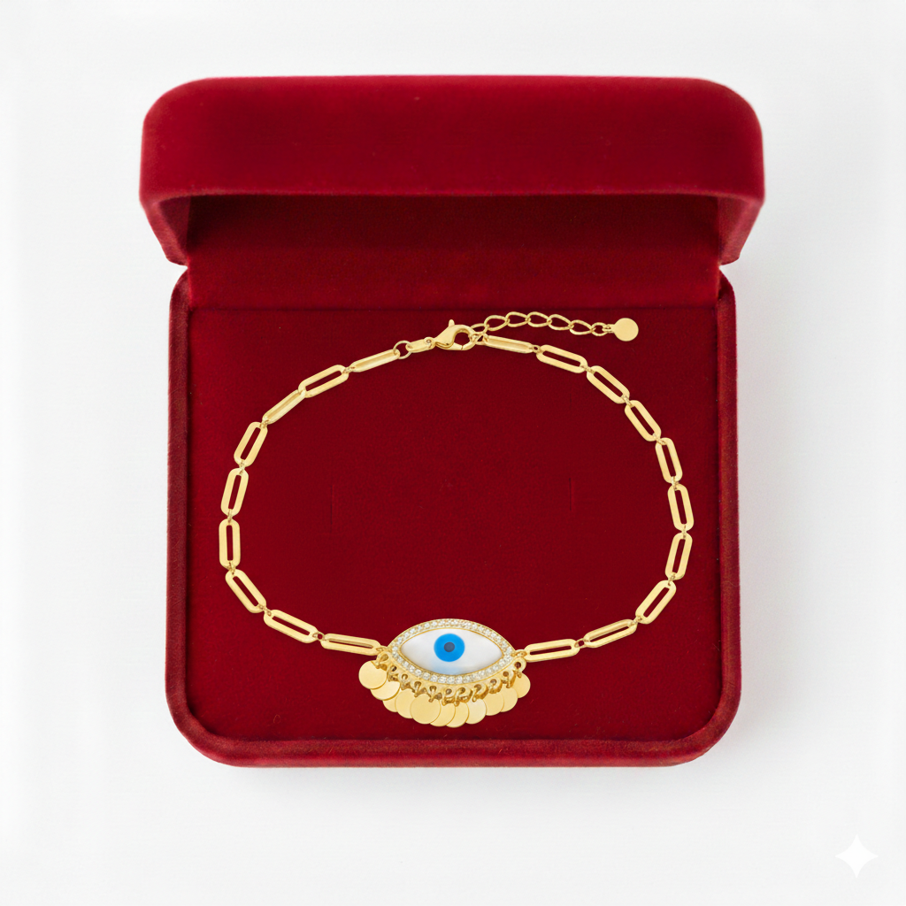 18K Real Gold Big Evil Eye With Paper Clip Bracelet