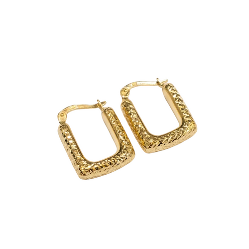 Gold hoop earrings with textured design on a white background
