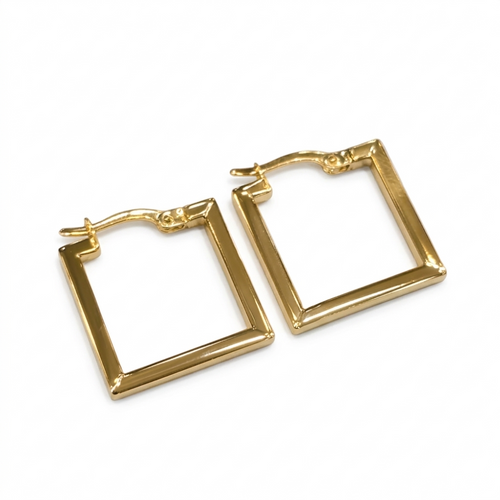 Gold square hoop earrings on a white background