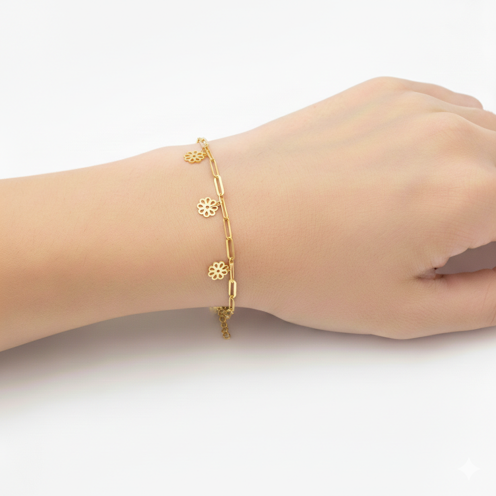 18K Real Gold 5 Flower Paper Clip Bracelet