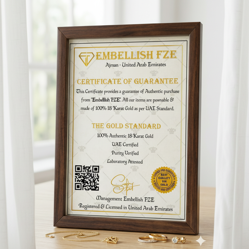 Framed certificate of guarantee from Embellish FZE with gold jewelry on a wooden surface.