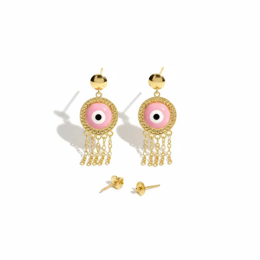 18K Real Gold Pink Evil Eye Hanging Earrings