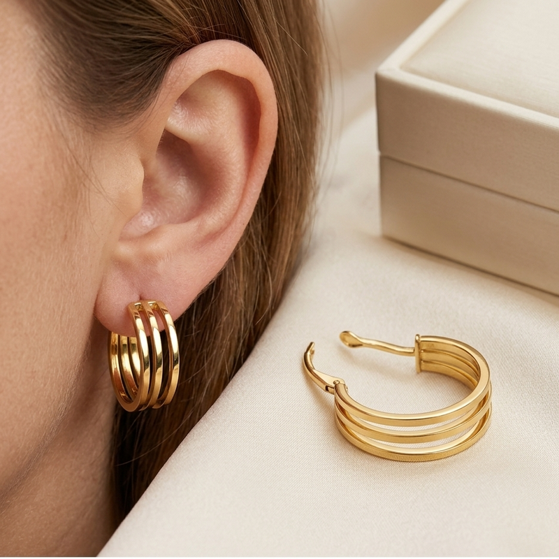 18k Gold 3 Lines Loop Earrings - 18k Gold Earrings - Embellish Gold Jewelry & Diamond