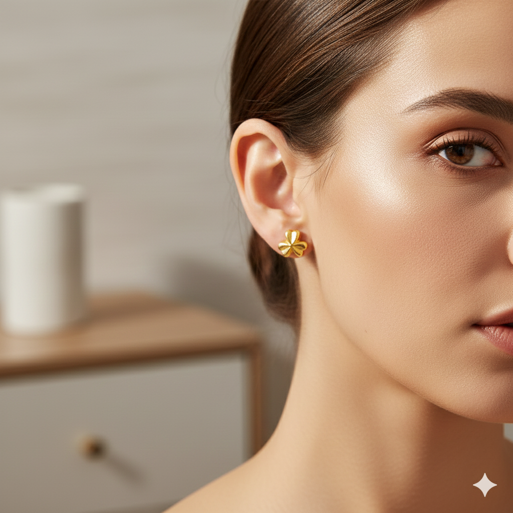 18K Real Gold Three Petal Flower Earrings