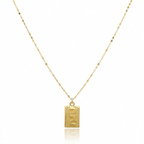 Gold necklace with a rectangular pendant on a white background