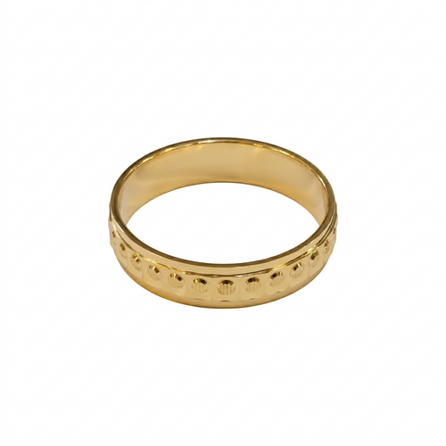Gold ring with textured design on a white background