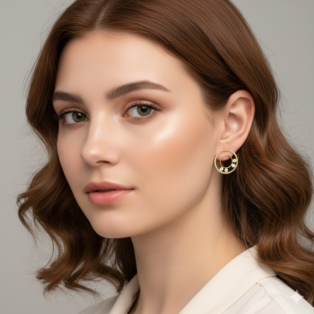 18K Real Gold 3 Stone Circle Earrings