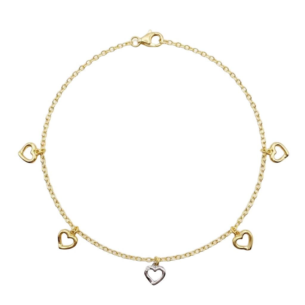 Gold bracelet with heart-shaped charms on a white background