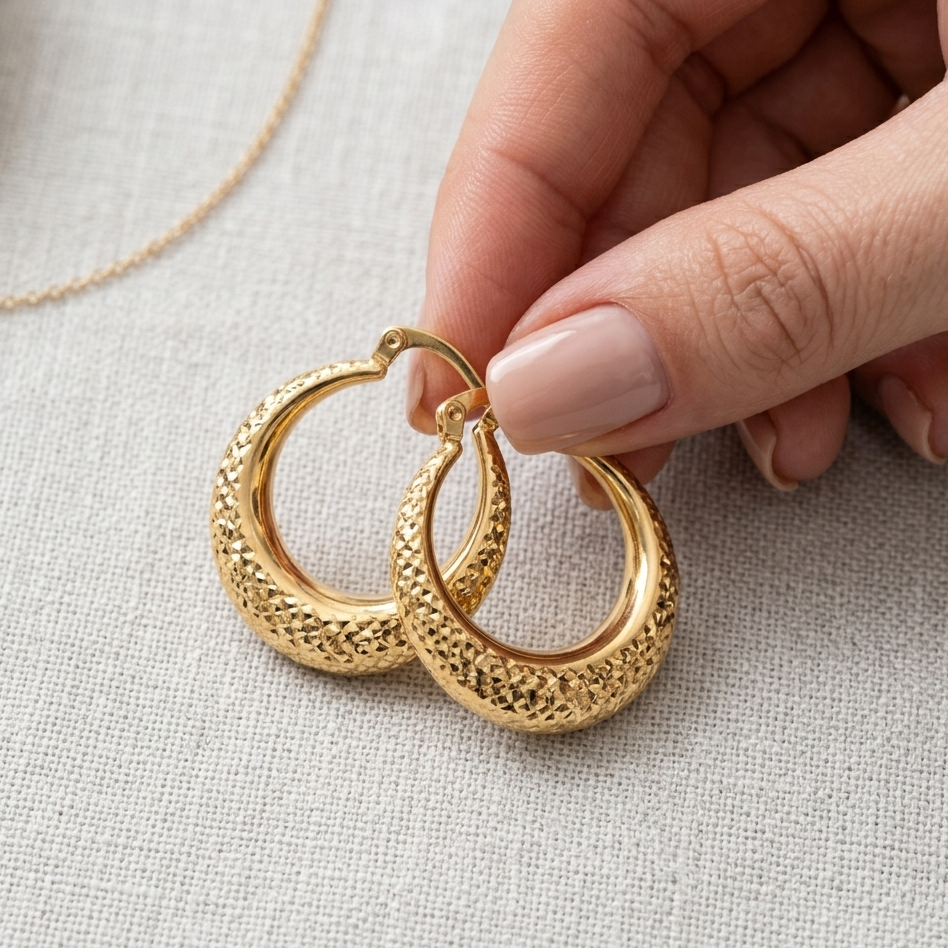 Gold hoop earrings held by a hand on a light fabric background