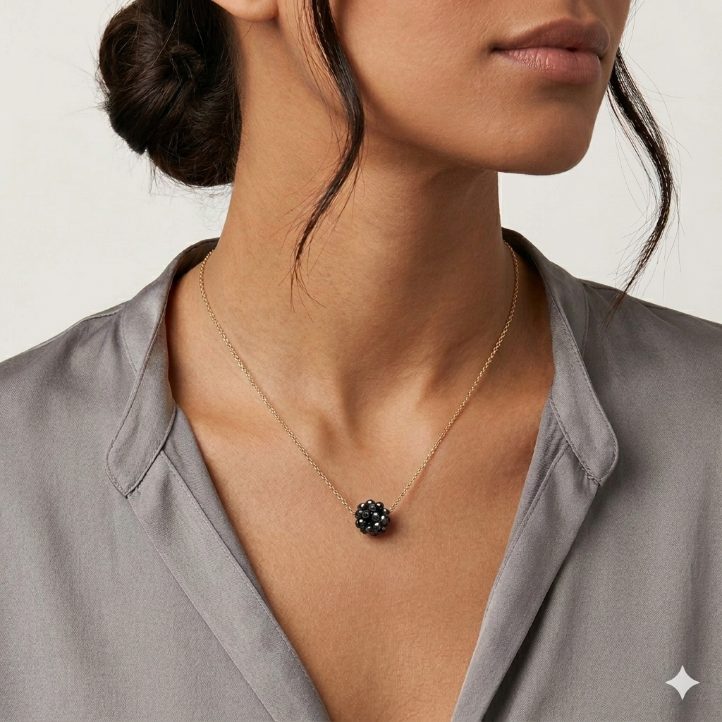 Necklace with a black pendant worn by a person against a neutral background