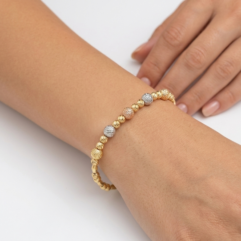 18k Gold Alternate Dia Cut Ball Tri-color Bangle - 18k Gold Bangle - Embellish Gold Jewelry & Diamond