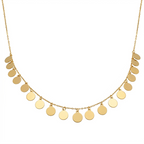 Gold necklace with round pendants on a white background