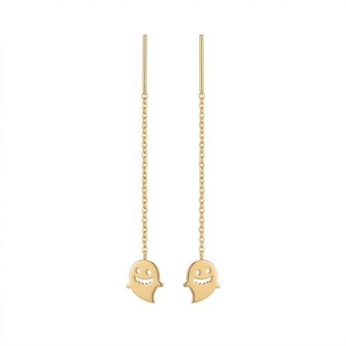 Gold ghost-shaped earrings on a white background