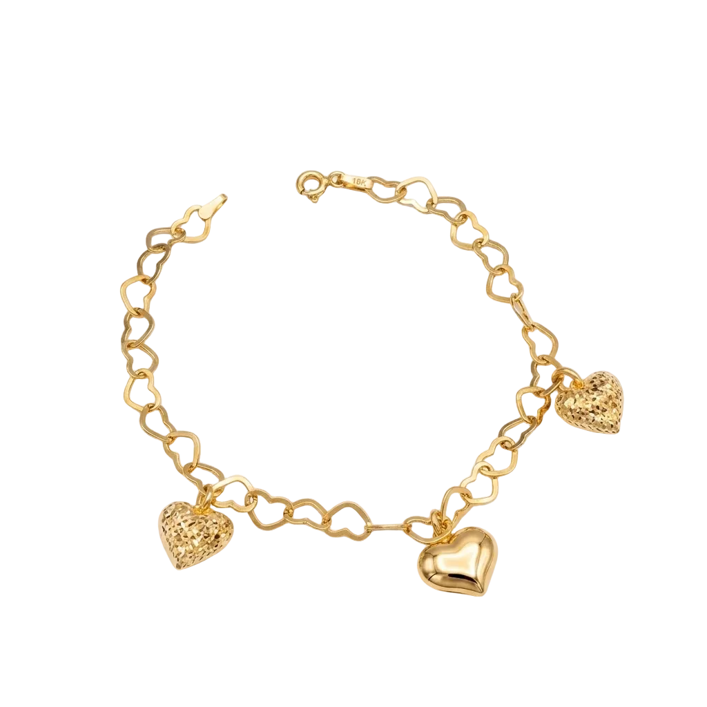 Gold bracelet with heart-shaped charms on a white background