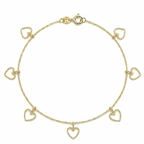 Gold bracelet with heart-shaped charms on a white background