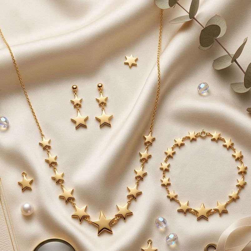 Gold jewelry set including necklace, earrings, bracelet, and key on a beige fabric background with 'ASTRA' branding.
