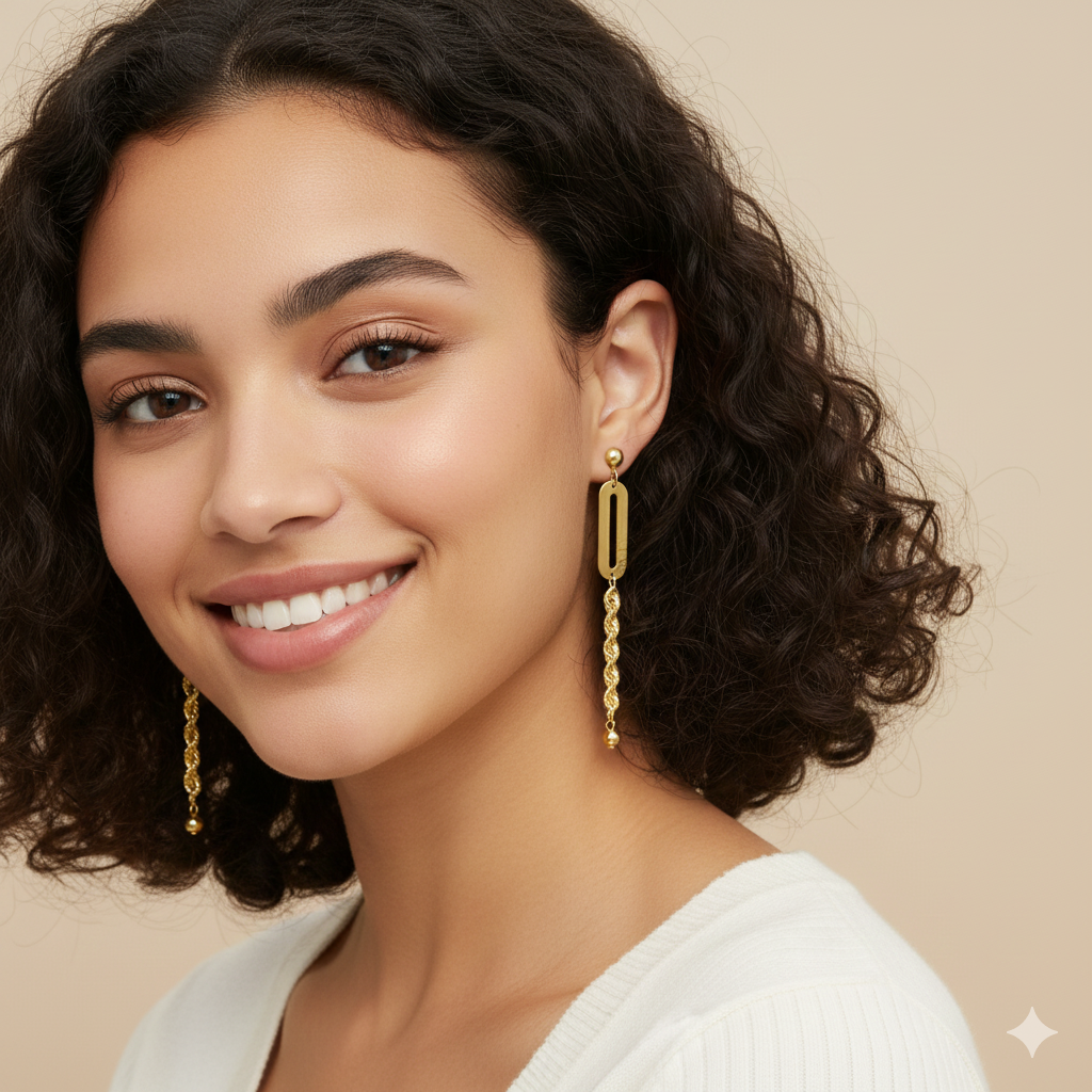 18K Real Gold Paper Clip Rope Chain Earrings