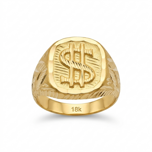 Gold ring with a dollar sign symbol on a white background