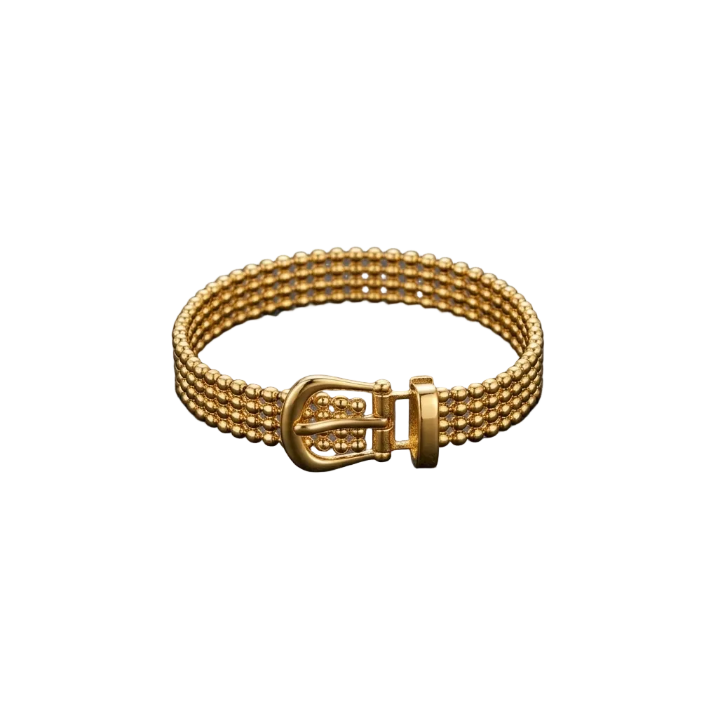 Gold bracelet with a buckle clasp on a dark textured surface