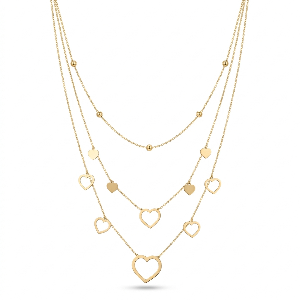Gold heart-shaped necklace on a white background