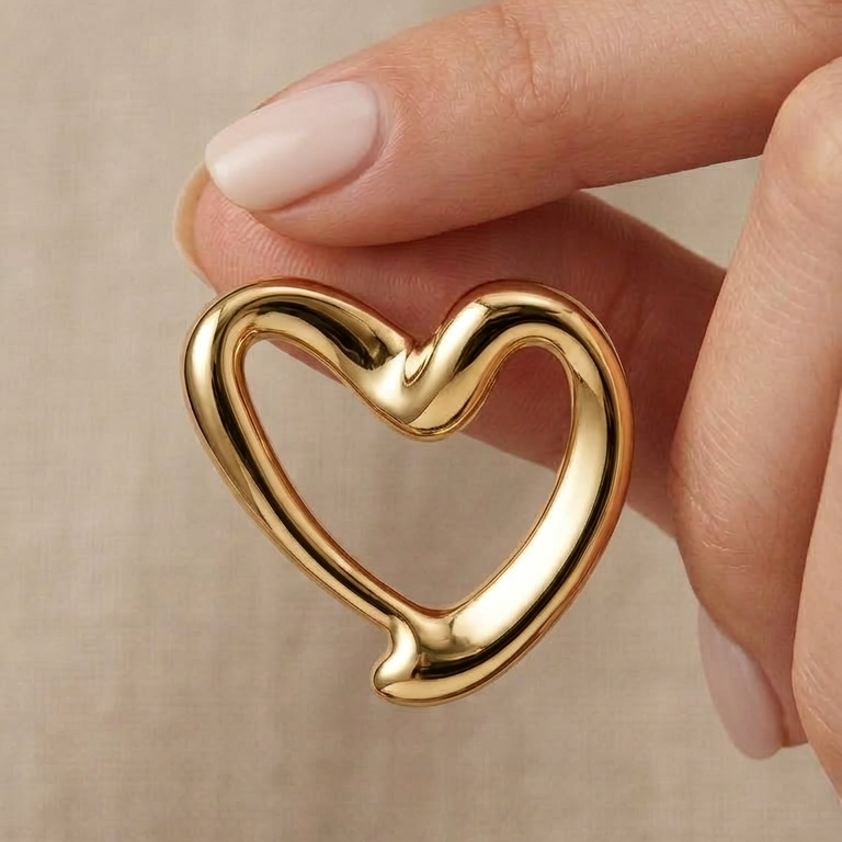 Gold heart-shaped earring held between fingers against a beige background