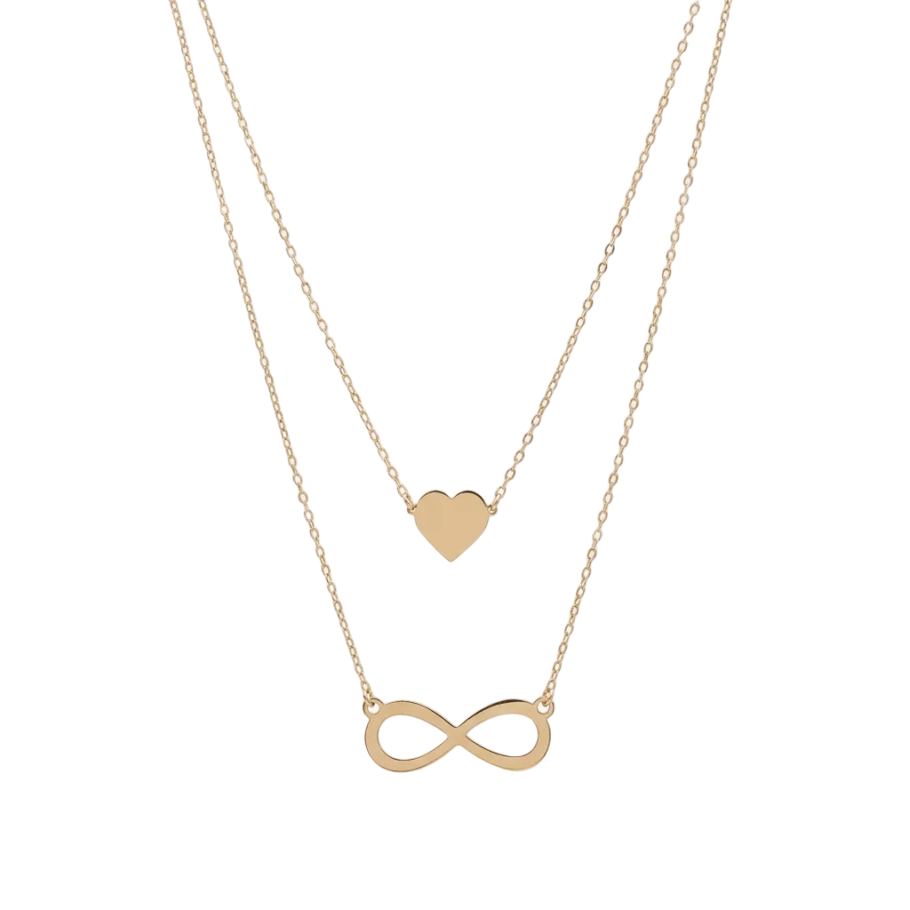 Two gold necklaces on a white background, one with an infinity symbol and the other with a heart pendant.