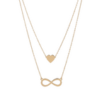 Two gold necklaces on a white background, one with an infinity symbol and the other with a heart pendant.