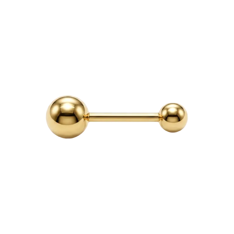 Gold barbell earring on a white background