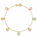 Gold bracelet with circular charms on a white background