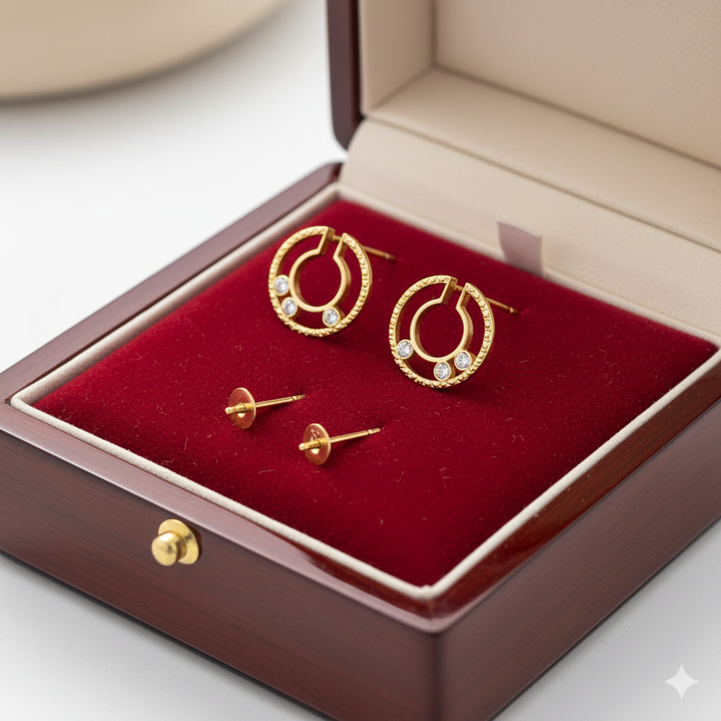 18K Real Gold 3 Stone Circle Cut Earrings