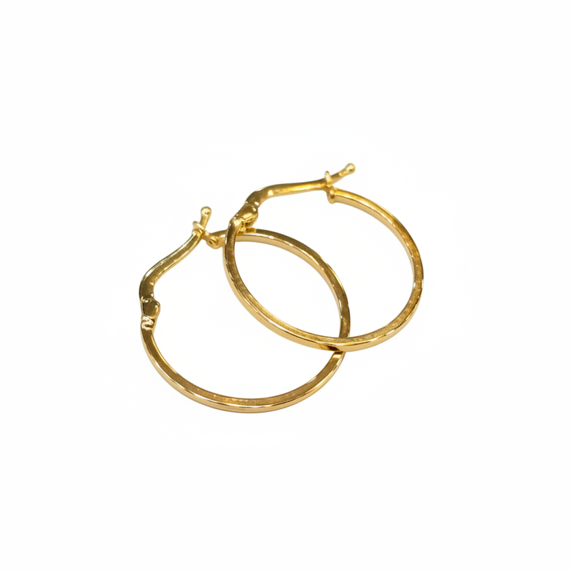 Gold hoop earrings on a light gray background