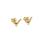 Gold deer head earrings on a white background