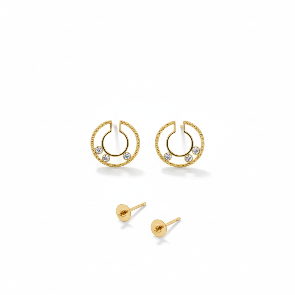 18K Real Gold 3 Stone Circle Cut Earrings