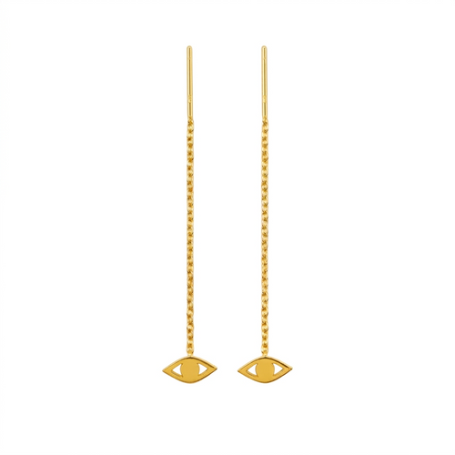 Gold chain earrings with eye-shaped charms on a white background