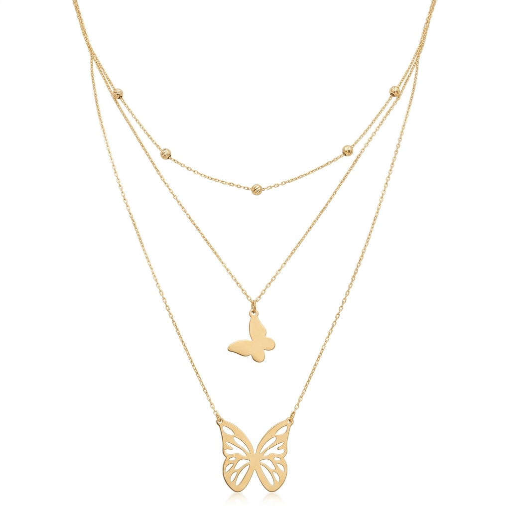 18k Gold 3 Layer Butterfly Ball Necklace