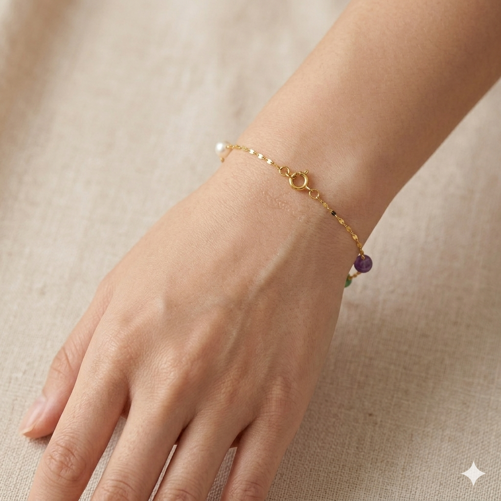 18k Gold 3 Colored Ball Charm Bracelet