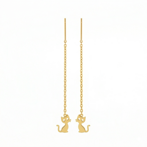 Gold cat-shaped earrings on thin chains against a white background