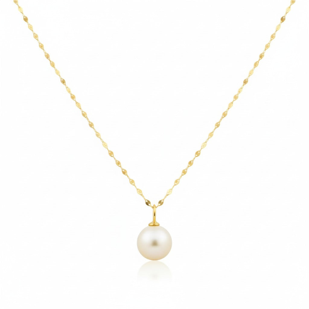 18K Real Gold White Pearl Necklace With Mirror Chain