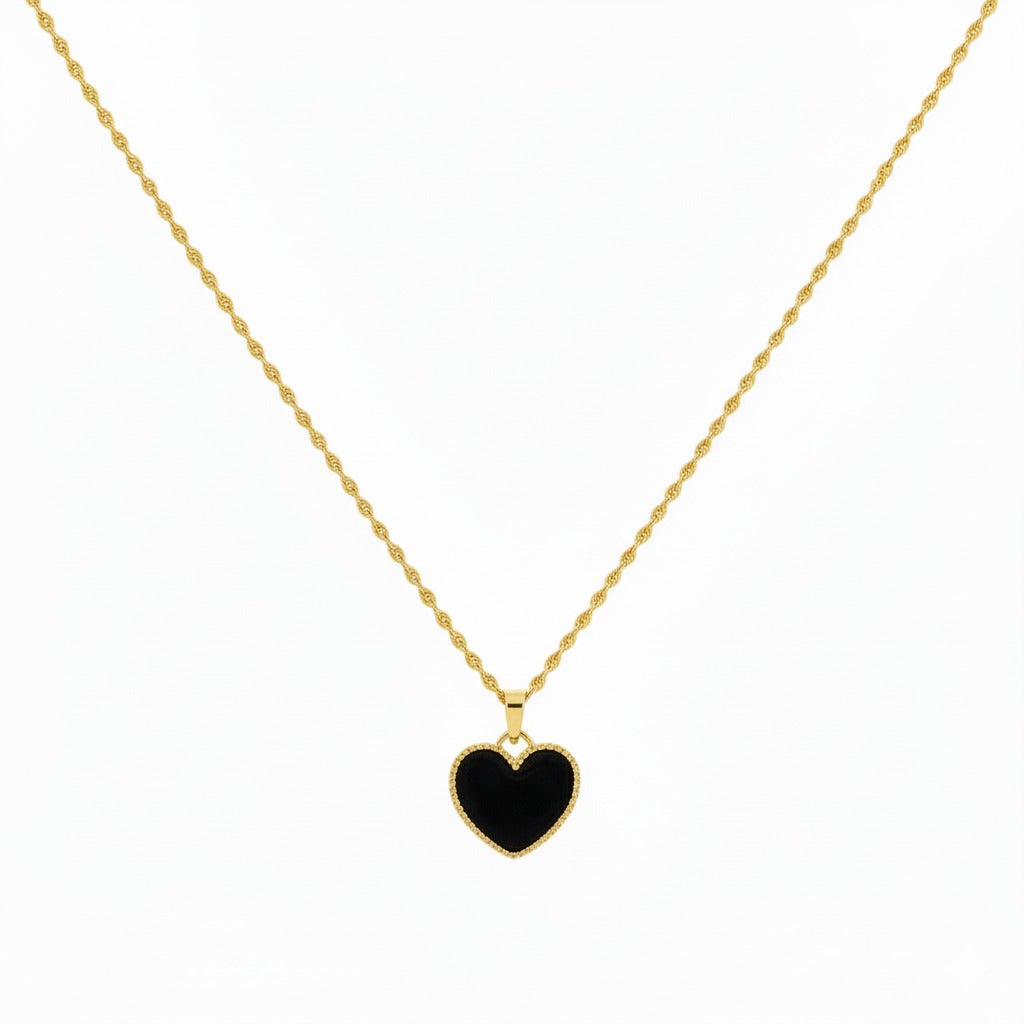 18K Real Gold Black Heart Necklace - 18k Gold Necklace - Embellish Gold