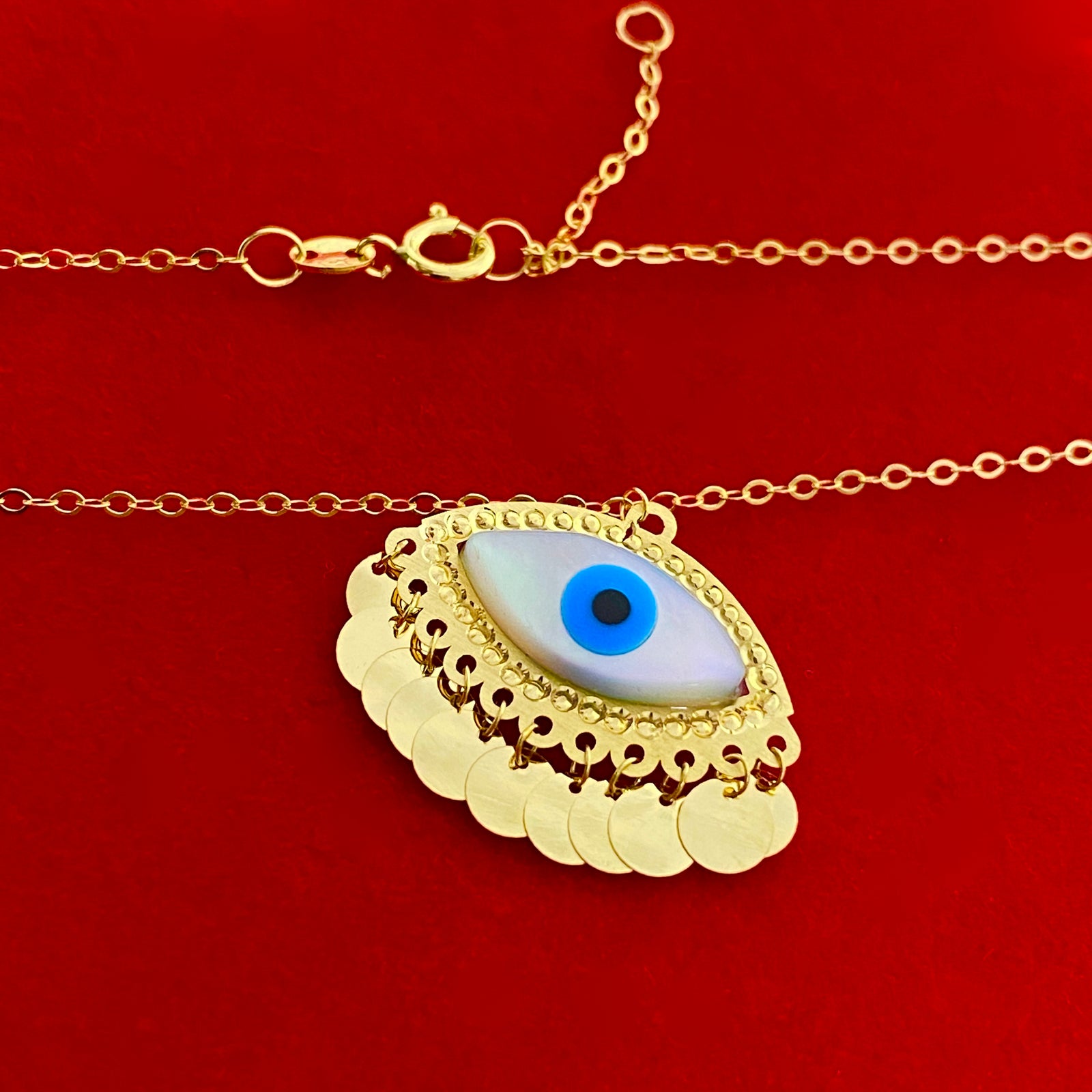 18K Real Gold Evil Eye With Round Hangings Necklace - 18k Gold Necklace - Embellish Gold