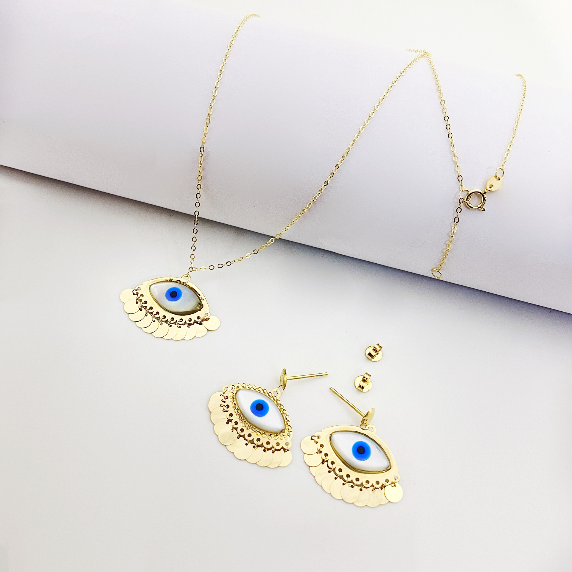 18K Real Gold White Evil Eye With Round Hangings - Embellish Gold