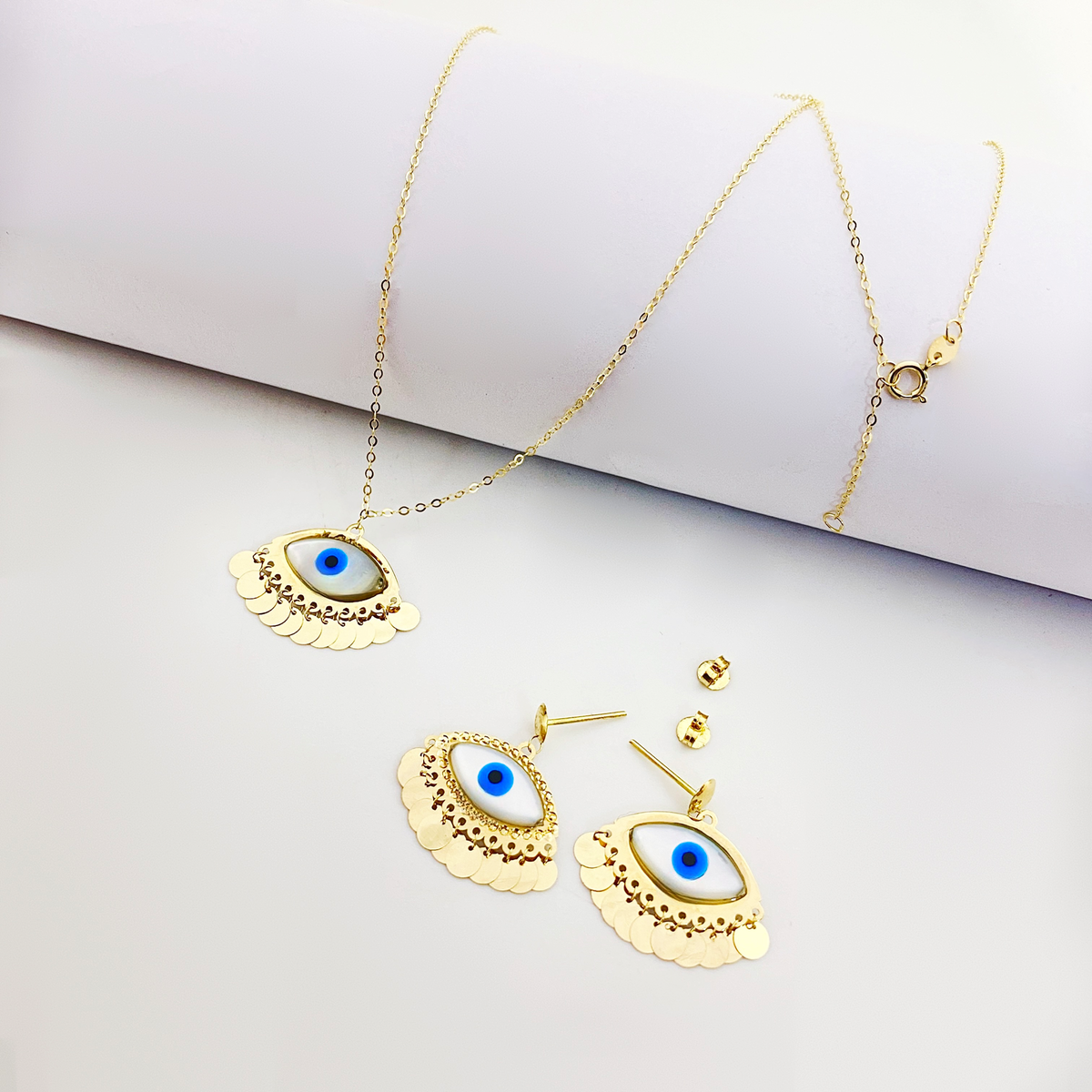 18K Real Gold White Evil Eye With Round Hangings