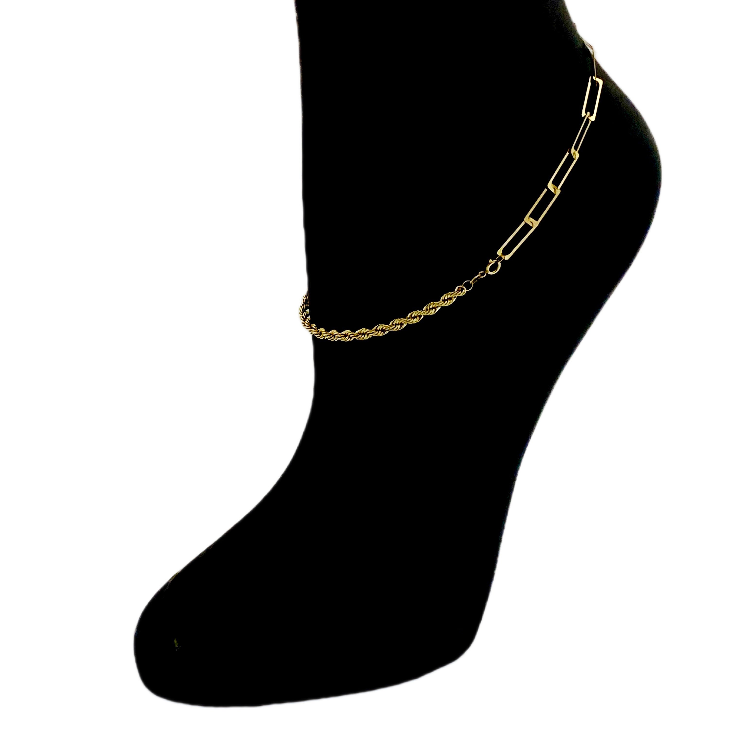 18K Real Gold Paper Clip With Rope Chain Anklet - Embellish Gold