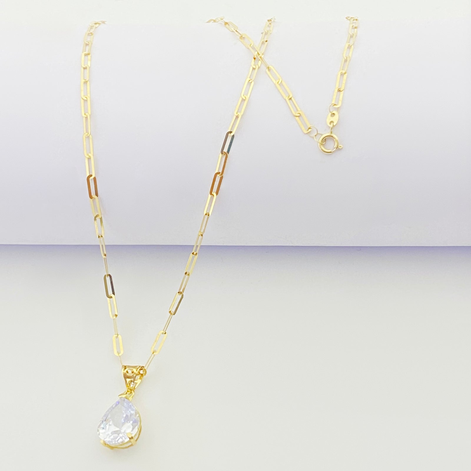 18k Real Gold Oval Stone Paper Clip Chain - 18k Gold Necklace - Embellish Gold