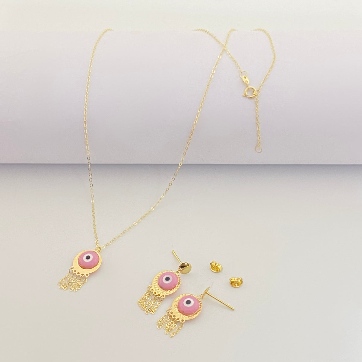 18K Real Gold Pink Evil Eye Necklace And Earrings Set